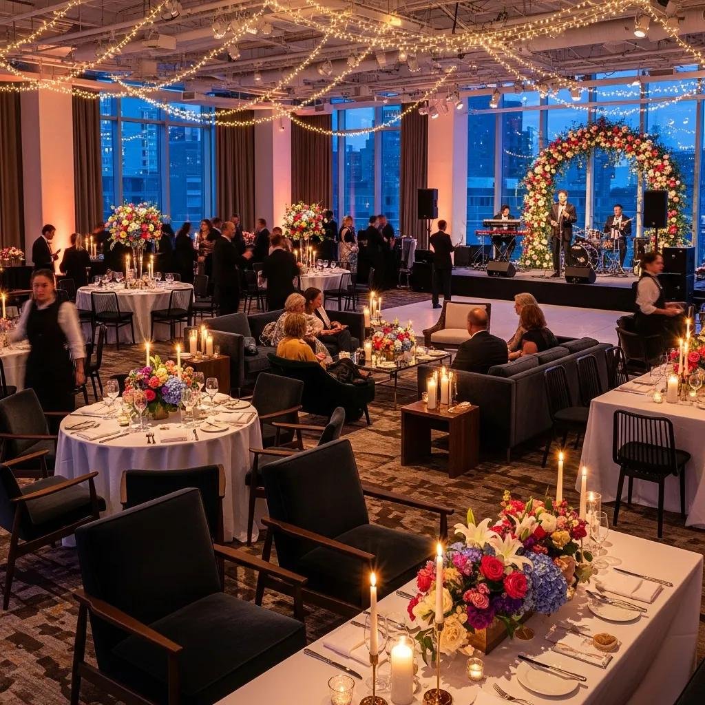 Elegant event space in Brooklyn with floral arrangements, ambient lighting, and a live band, showcasing tables set for a wedding or corporate event.