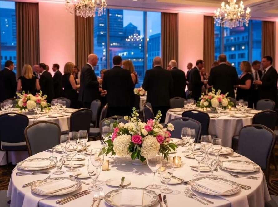 Elegant event space in downtown Indianapolis featuring floral arrangements and ambient lighting, with guests mingling in formal attire.