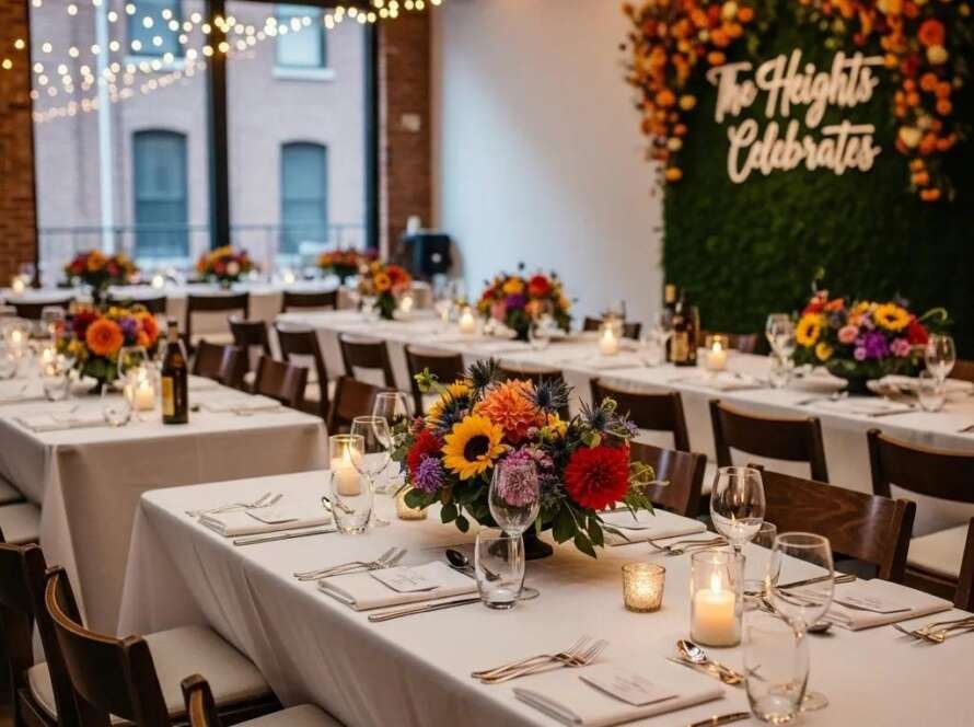 Elegant event space in The Heights, Jersey City, featuring beautifully arranged floral centerpieces, ambient lighting, and a "The Heights Celebrates" wall backdrop, ideal for Indian wedding celebrations and cultural traditions.