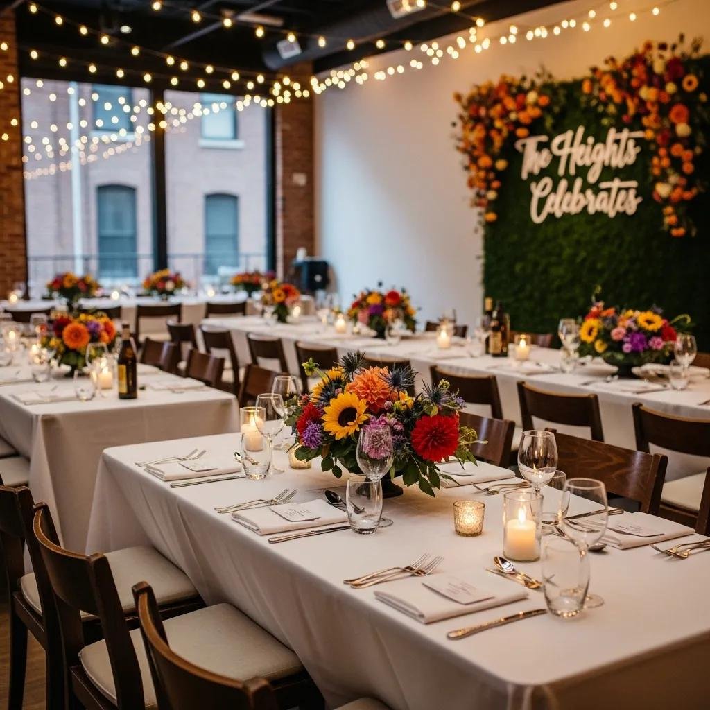 Elegant event space in The Heights, Jersey City, featuring floral arrangements, ambient lighting, and a backdrop reading "The Heights Celebrates," ideal for personalized event planning and gatherings.