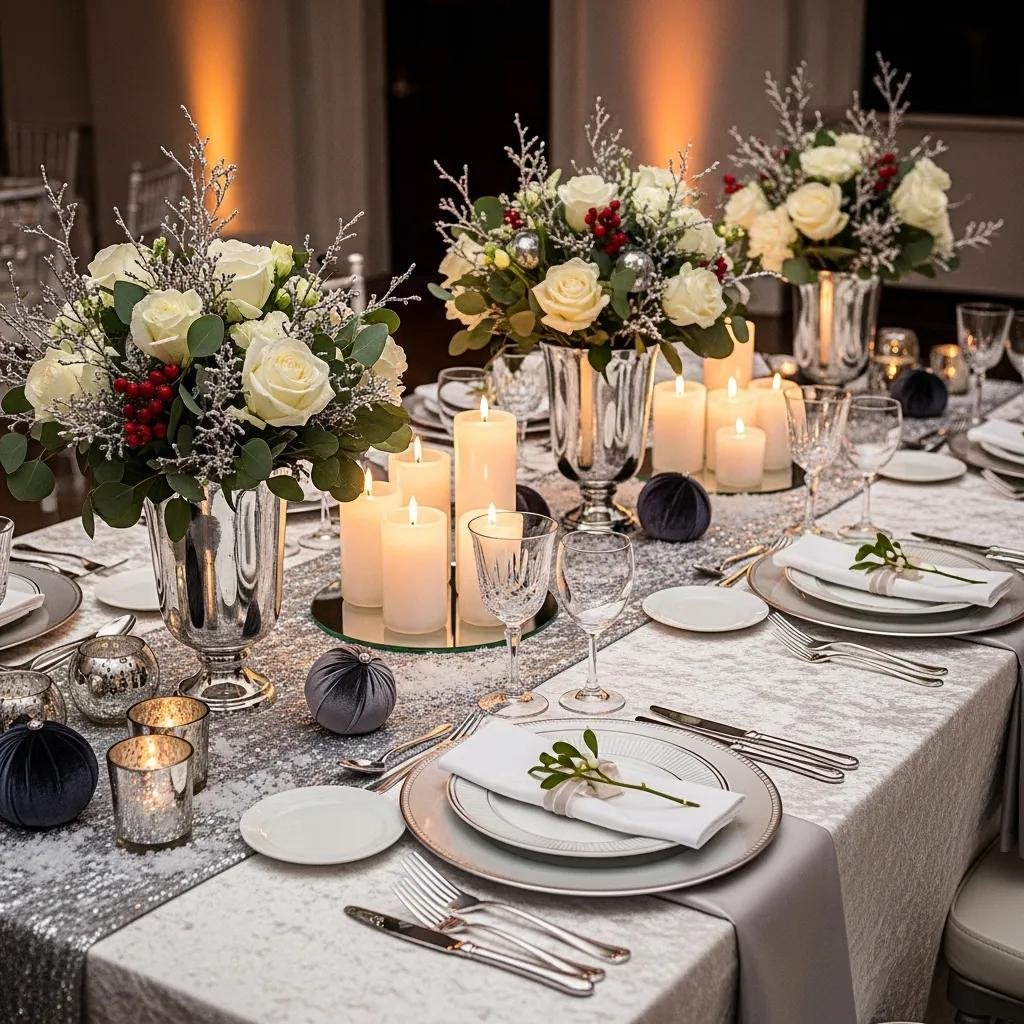 Elegant winter wedding table setting featuring silver vases with white roses and seasonal greenery, surrounded by flickering candles, textured linens, and sophisticated tableware, creating a cozy and glamorous atmosphere.
