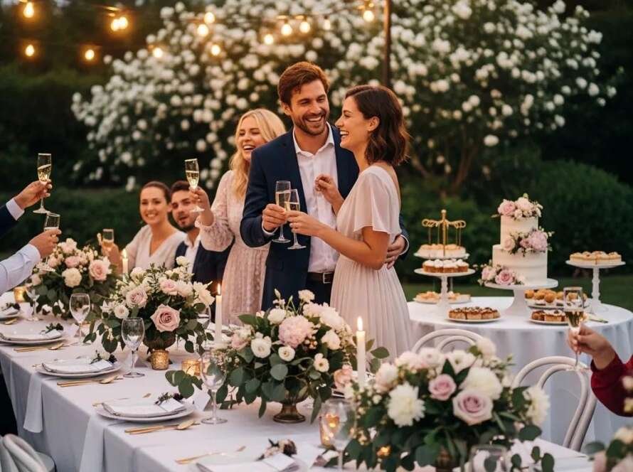 Couple celebrating engagement with guests, toasting champagne, elegantly decorated table with floral arrangements and desserts, outdoor setting with string lights and greenery.