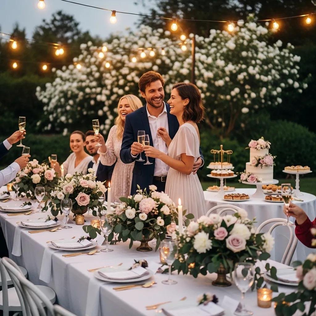 Engagement party celebration with a couple toasting among guests, elegant table settings adorned with floral arrangements, and festive string lights creating a joyful atmosphere.