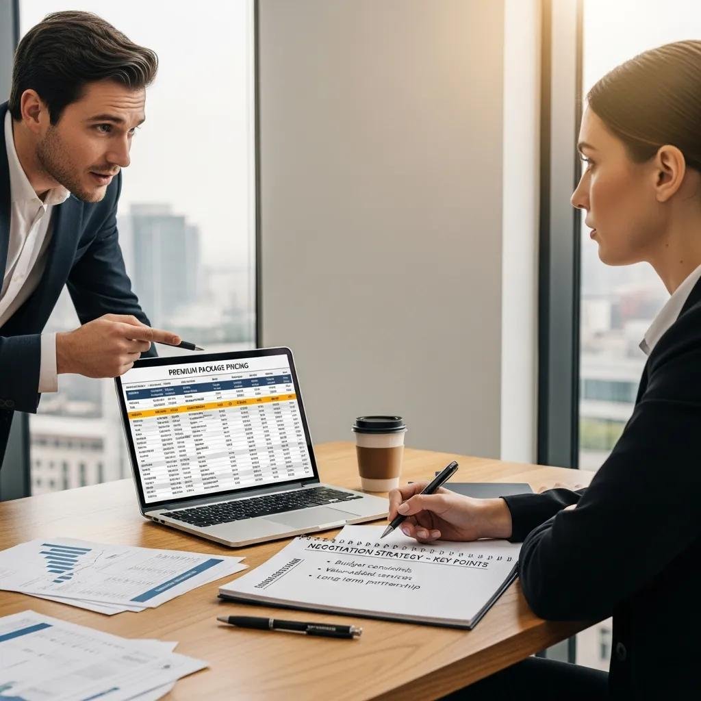 Event planner and vendor discussing negotiation tactics at a table, reviewing premium package pricing on a laptop, with notes on negotiation strategy and coffee cup visible.