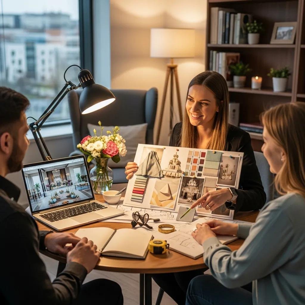 Event planner collaborating with clients in a cozy office setting, showcasing design samples and decor options, with a laptop displaying event visuals and planning materials on a table.