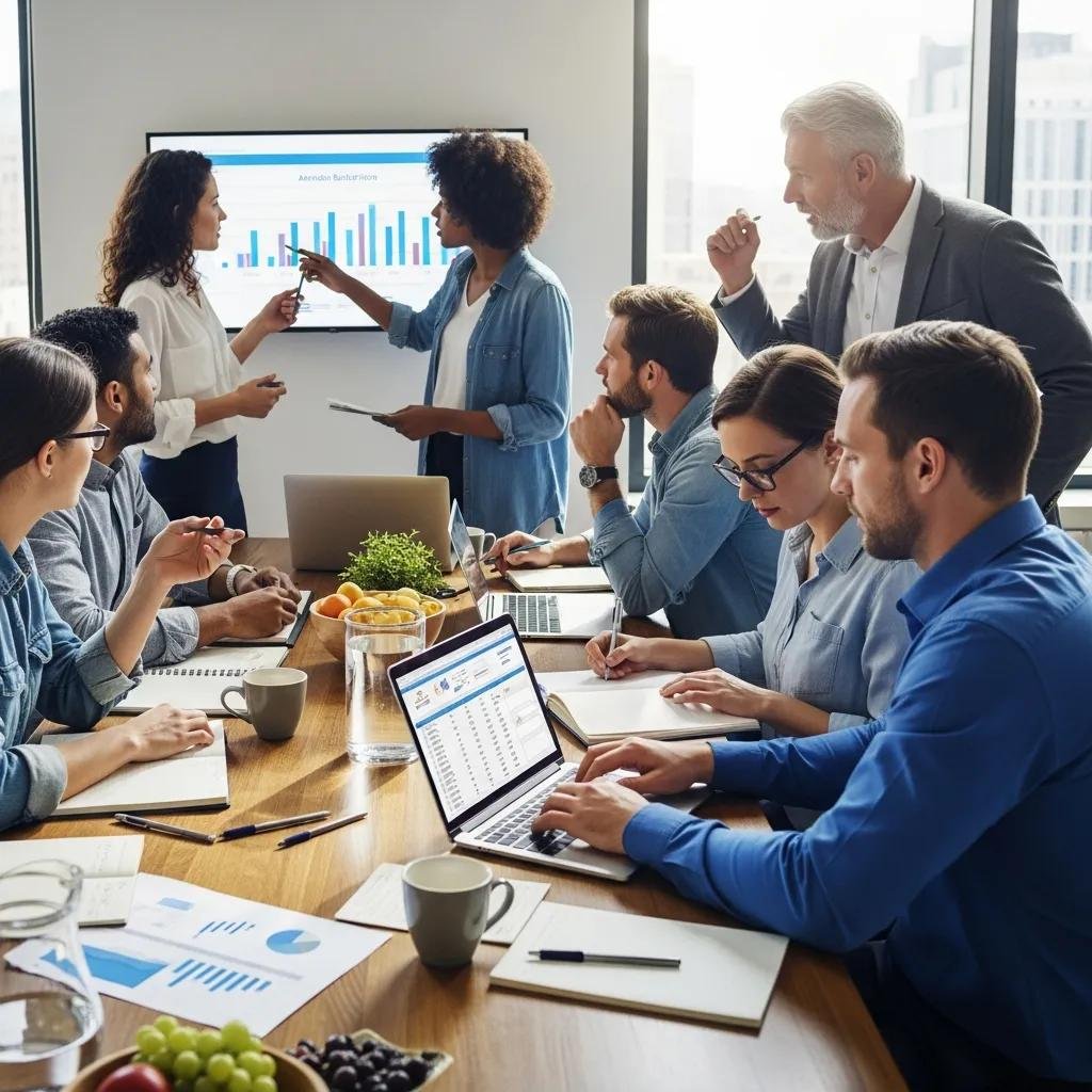 Event planning team engaged in post-event evaluations, discussing performance metrics and strategies, with data visualizations on display.