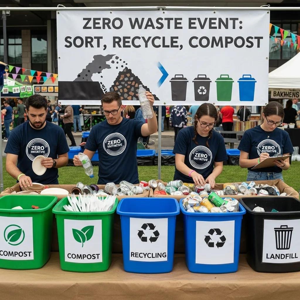 Event staff conducting a waste audit at a zero waste event, sorting materials into compost, recycling, and landfill bins, with a banner emphasizing waste management principles.