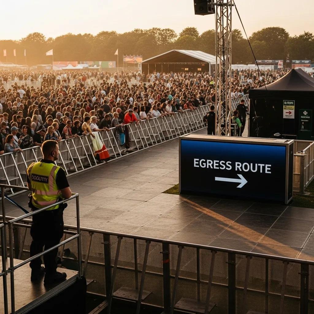 Crowd at music festival with security personnel monitoring egress route signage, emphasizing safety and crowd management logistics.