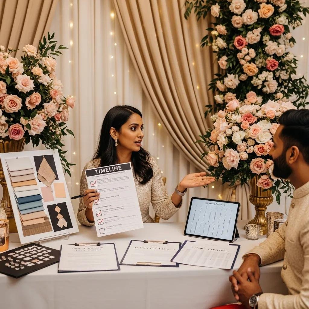Indian wedding planner discussing event timeline with couple, showcasing planning materials and floral arrangements in elegant setting.