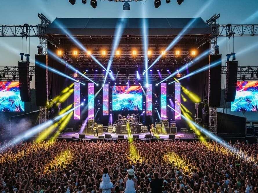 Live concert setup with vibrant stage lighting, engaged audience, and backdrop screens illustrating concert logistics management.