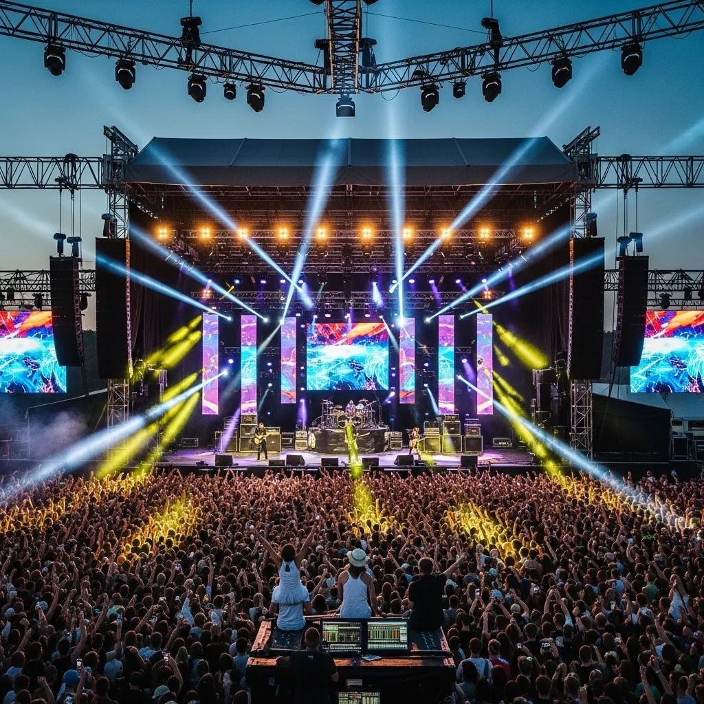 Live concert setup with stage lighting, engaged audience, and sound equipment, illustrating concert logistics management and event planning.