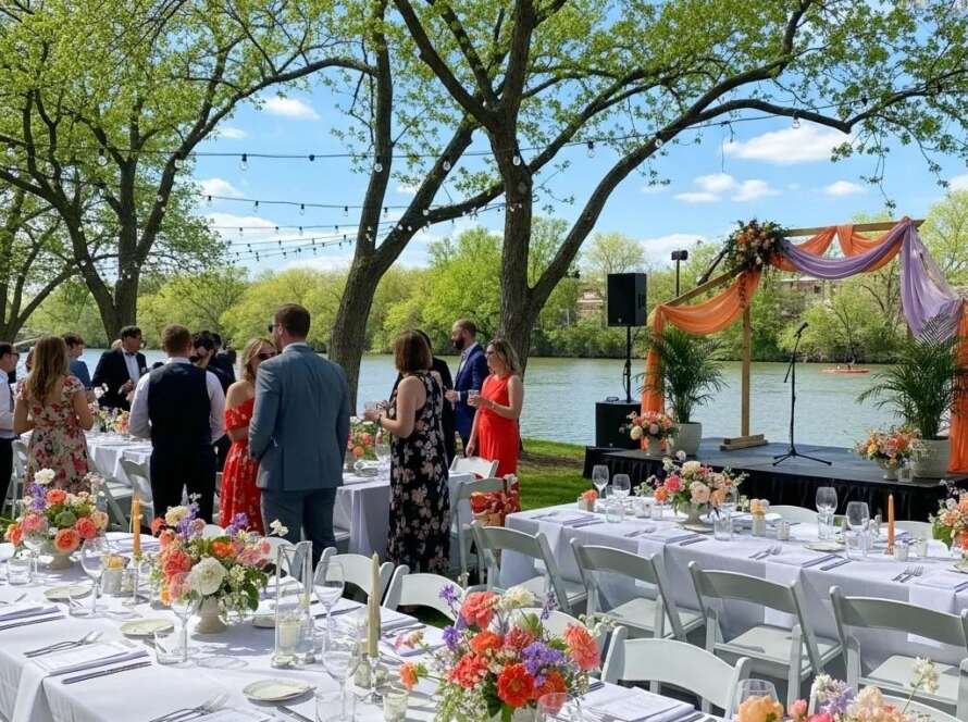 Outdoor wedding setup in Broad Ripple featuring vibrant floral arrangements, elegantly dressed guests, and a scenic river backdrop with string lights and a decorated altar.