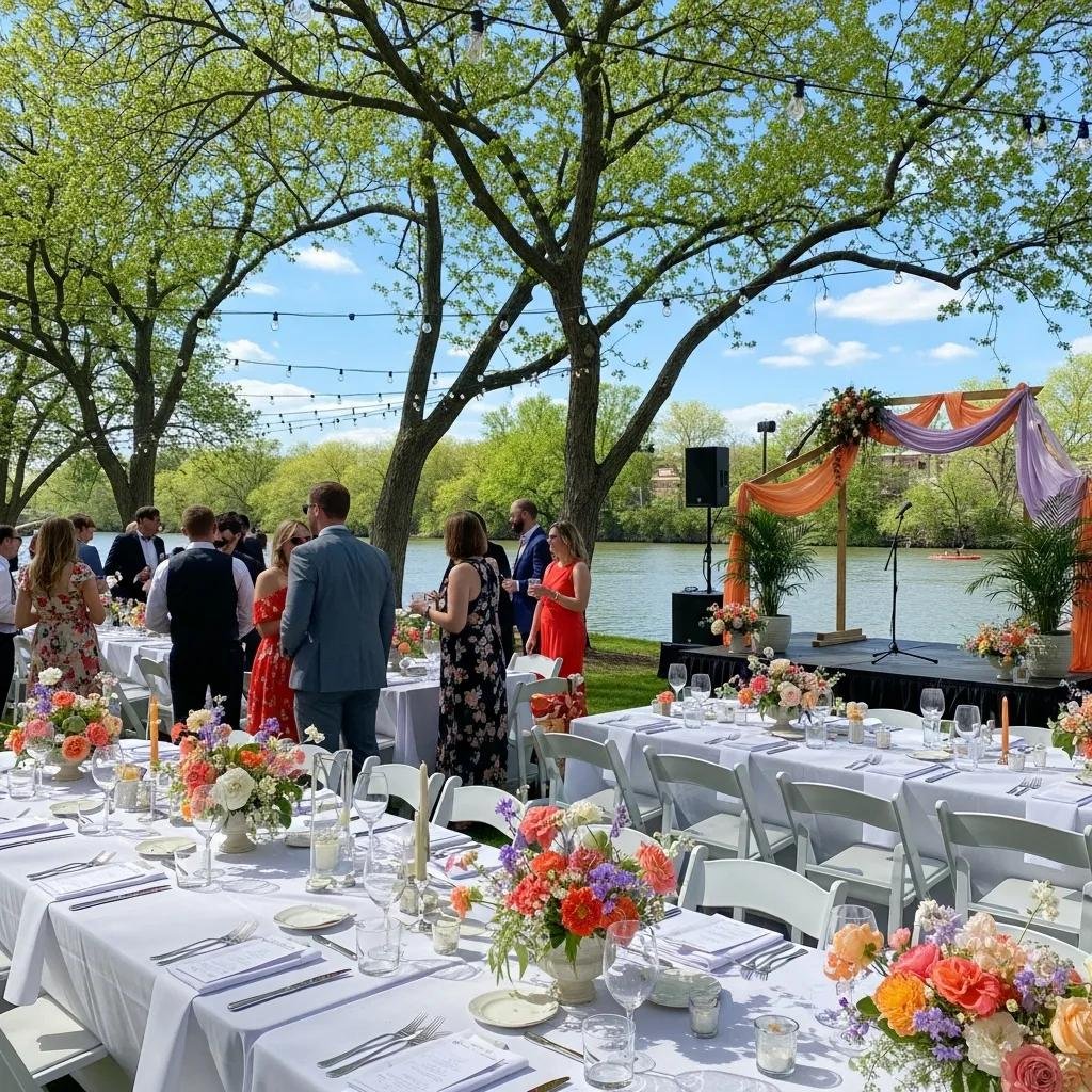 Outdoor event setup in Broad Ripple, featuring elegantly decorated tables with floral arrangements, guests mingling, and a scenic riverside backdrop with string lights and a decorated stage for ceremonies.