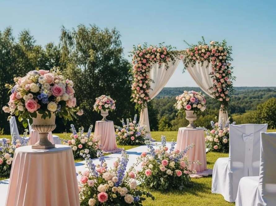 Outdoor summer wedding setup with floral decorations, featuring elegant arrangements of roses and other flowers, a decorated archway, and a scenic backdrop.