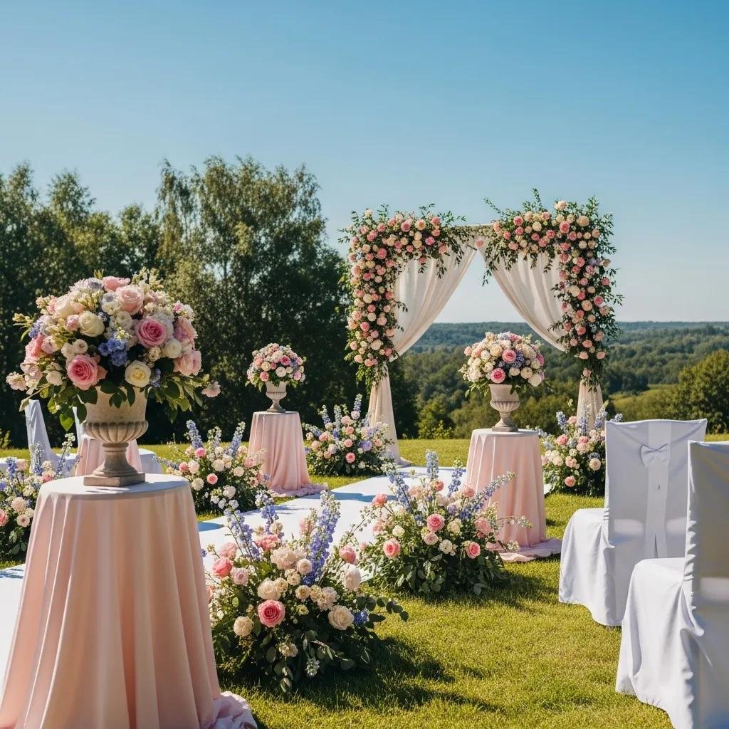 Outdoor summer wedding setup with floral decorations, elegant drapery, and a scenic backdrop, featuring pink and blue blooms arranged in vases and on tables, ideal for warm-weather celebrations.