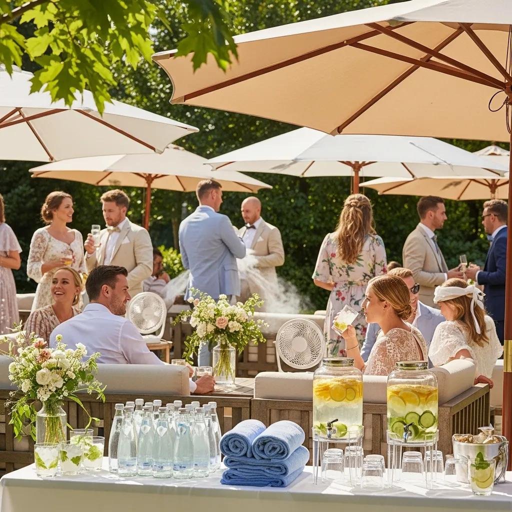 Outdoor wedding reception with guests enjoying shaded seating under umbrellas, hydration stations featuring water bottles and infused drinks, and decorative floral arrangements, emphasizing guest comfort in warm weather.