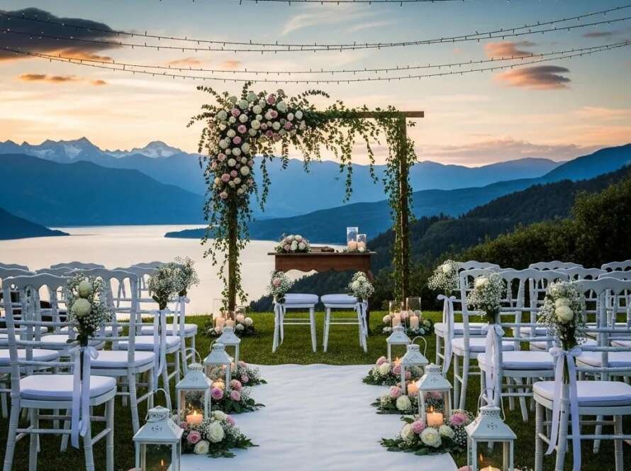 Outdoor wedding setup featuring floral decorations, scenic mountain backdrop, and elegantly arranged chairs, ideal for local destination weddings.