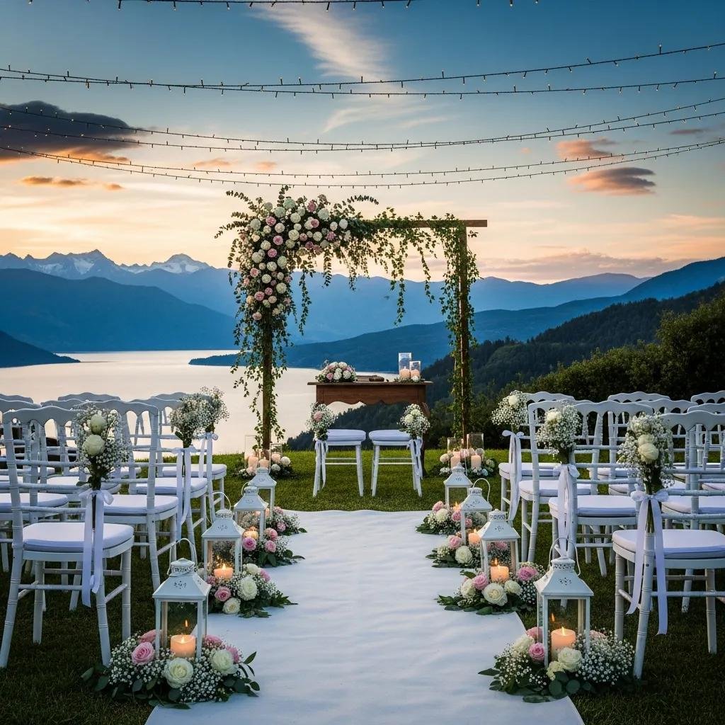 Outdoor wedding setup featuring floral decorations, white chairs, and a scenic backdrop of mountains and water, ideal for local destination weddings.