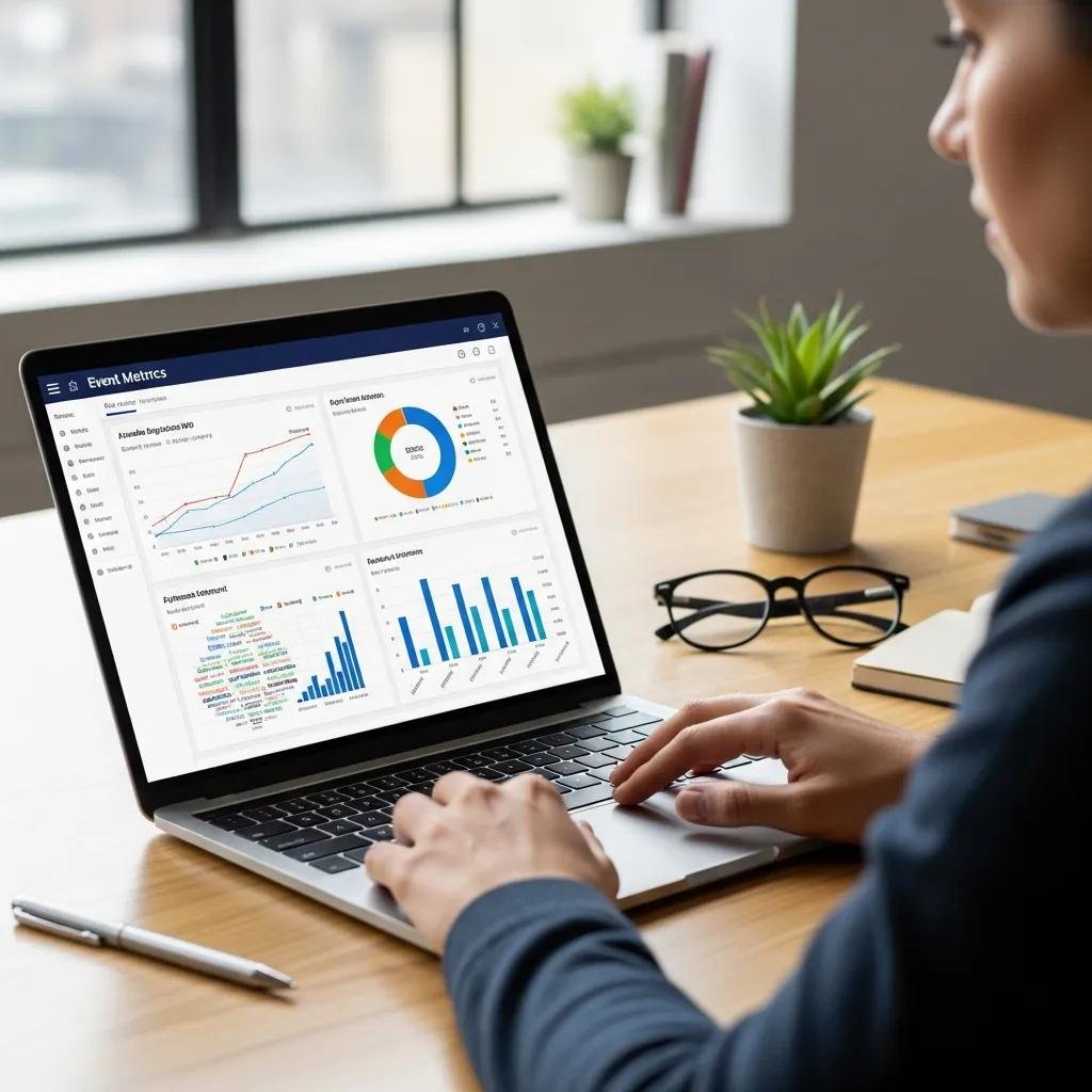 Person analyzing event metrics on a laptop, displaying graphs and data visualizations related to event ROI and KPIs in a modern workspace.