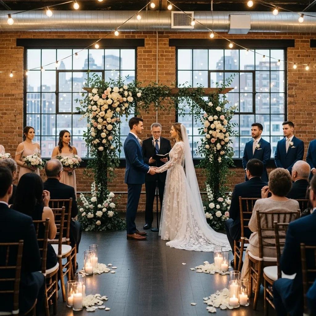 Romantic wedding ceremony setup in a Brooklyn venue, featuring a couple exchanging vows under a floral arch, surrounded by guests, with elegant decor and city skyline views.
