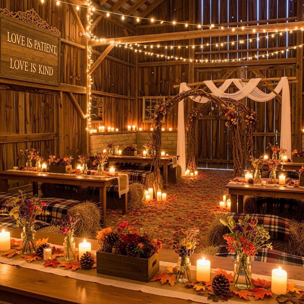 Rustic fall wedding setup featuring wooden tables adorned with textured linens, candlelight, and vibrant floral arrangements, creating an intimate atmosphere in a warmly lit barn.