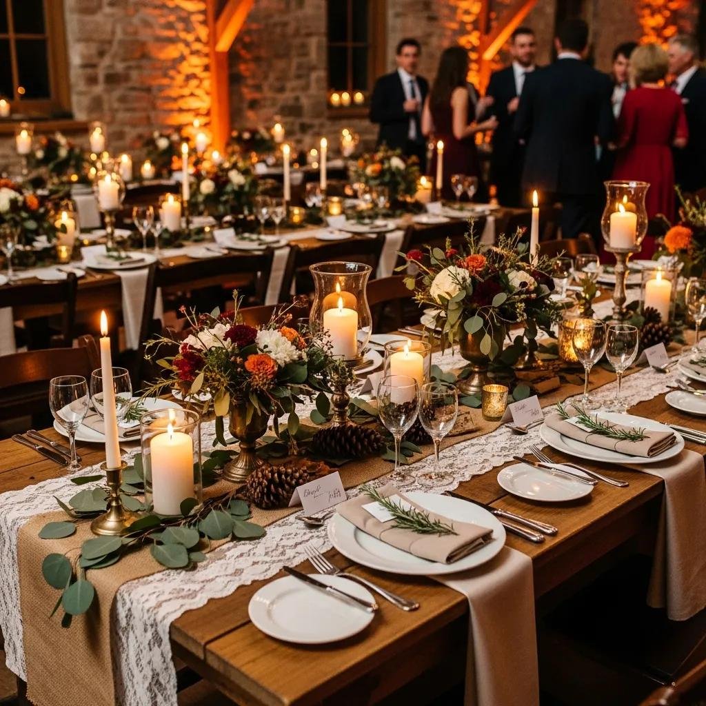 Cozy rustic winter wedding reception table setting with warm candlelight, seasonal floral arrangements, and reclaimed wood decor.