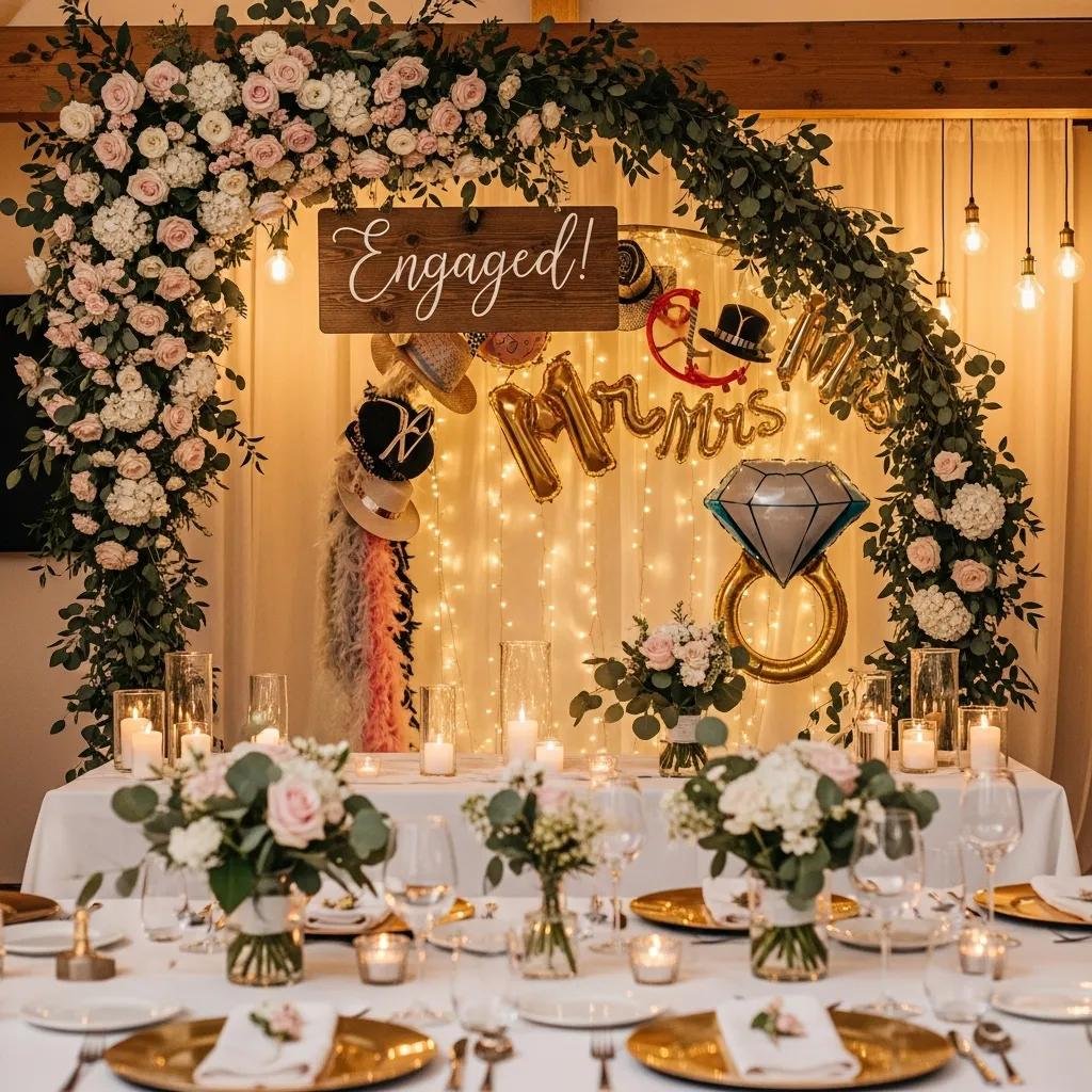 Stylish engagement party decorations featuring a floral arch with "Engaged!" sign, gold "Mr & Mrs" balloons, and a diamond ring centerpiece, complemented by elegant dining table setup with floral arrangements and candles.