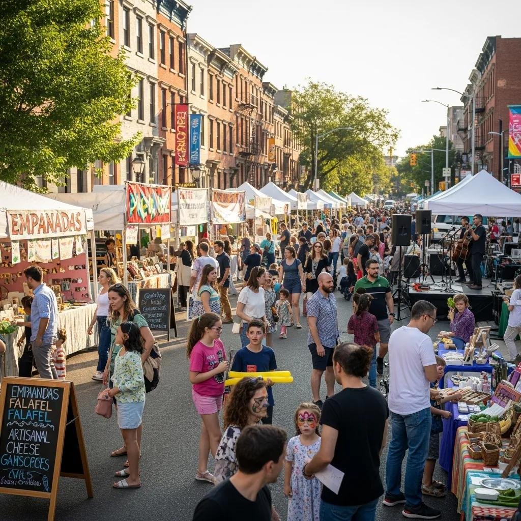 Vibrant street fair in The Heights, Jersey City, featuring families enjoying local vendors, food stalls with empanadas and falafel, and live music, showcasing community engagement and event planning services.