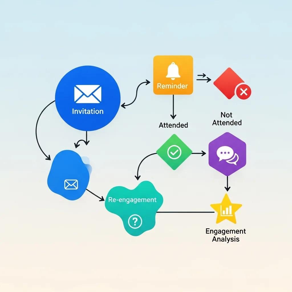 Visual representation of email automation workflows for event campaigns, illustrating stages including invitation, reminders, attendance tracking, re-engagement, and engagement analysis.