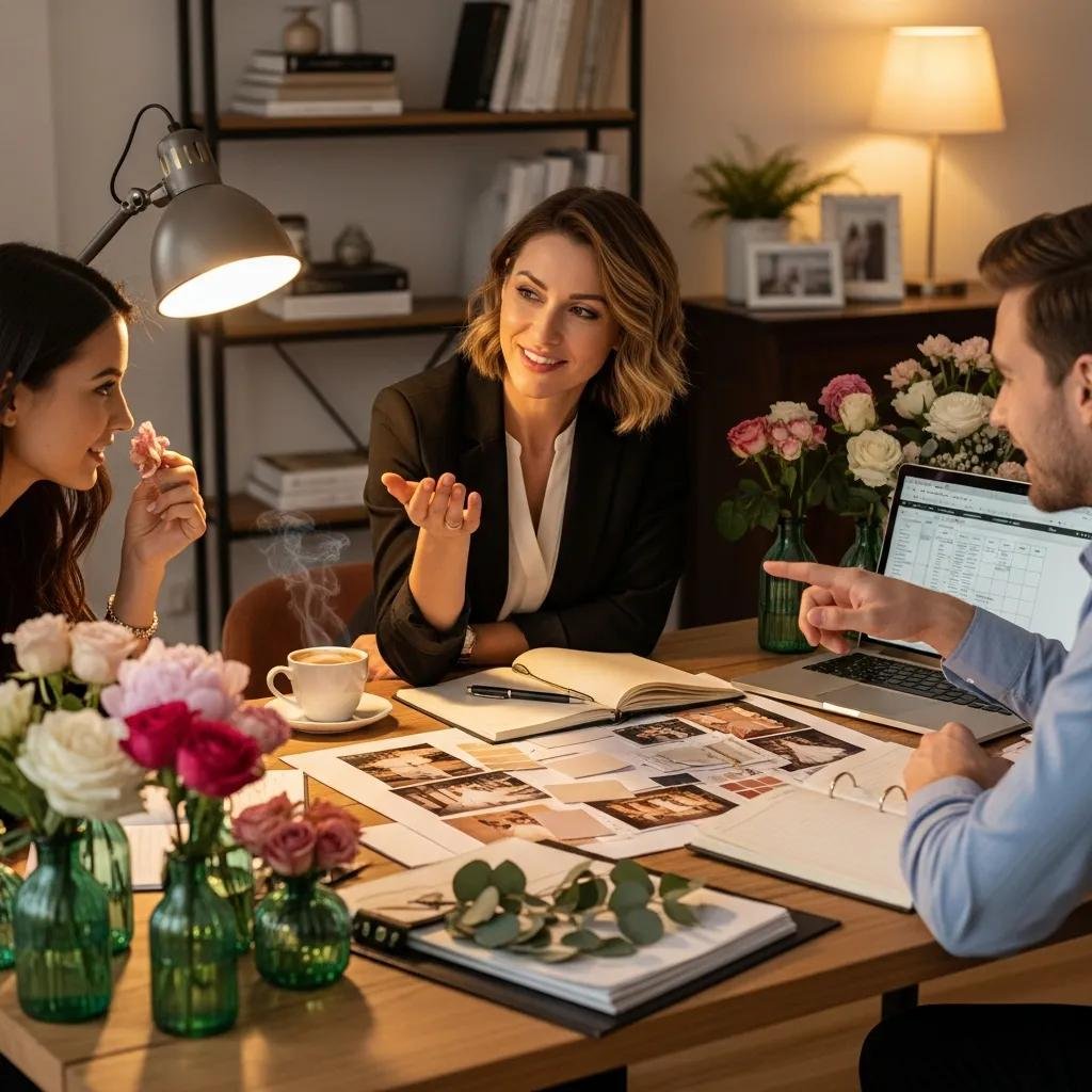 Wedding planner consulting with a couple in a cozy office, surrounded by planning materials, floral arrangements, and a laptop displaying event details.