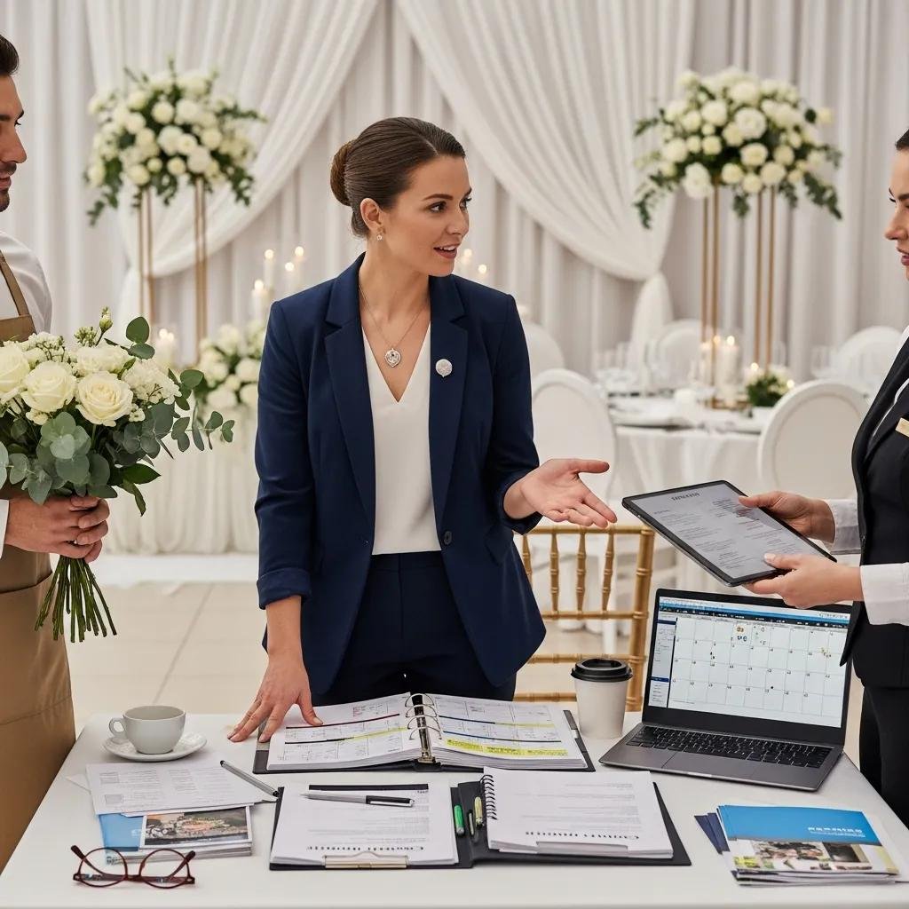 Wedding planner coordinating logistics and vendor details with clients at a wedding venue, featuring a table with planning documents, a laptop displaying a calendar, and floral arrangements in the background.